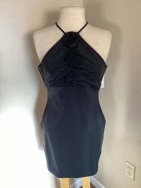 LIKELY Marianne Rosette Ruched Halter Mini Dress in Black